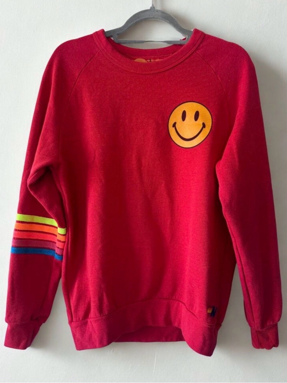 Aviator Nation Red Crewneck with Yellow Smiley & Rainbow Stripe Sleeve
